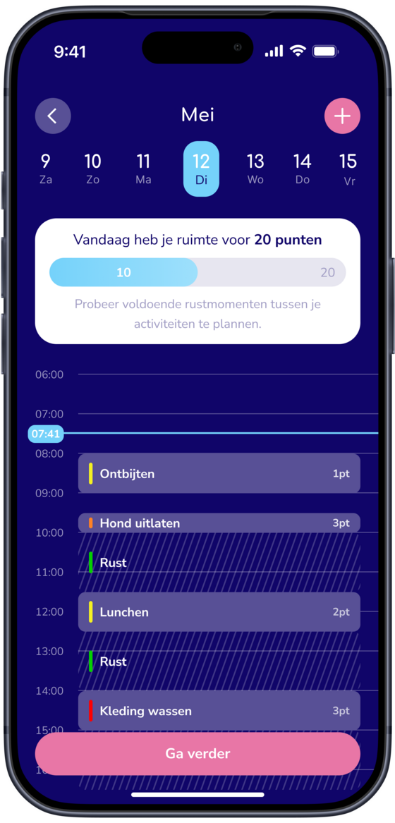 Vaelio-app met een dagplanning en pacingpunten